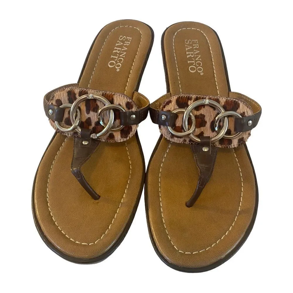 Franco Sarto Brown Wedge Thong Sandals w/ Leopard Print Pony Hair.